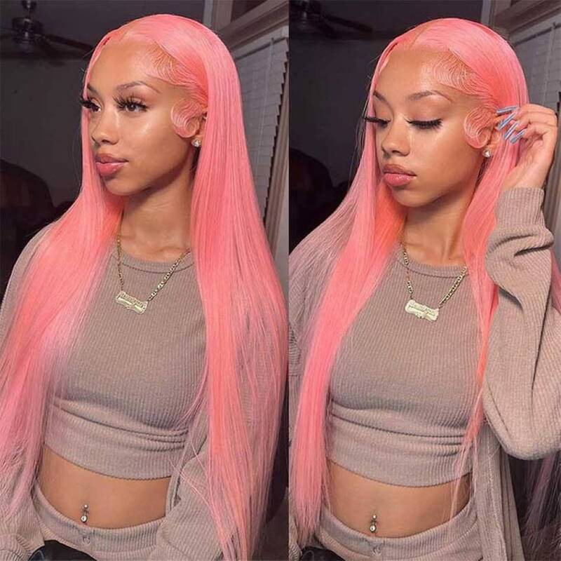 Wig lurus renda depan 13x6 merah muda muda muda untuk pilihan Cosplay 200 kepadatan renda depan rambut manusia Wig tanpa lem berwarna obral