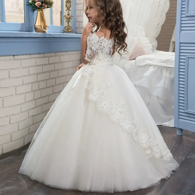 Бальное платье с вырезом лодочкой, платья с коротким рукавом для девочек с цветами, платье принцессы с бантом, свадебное платье для первого причастия, наряды для конкурса
