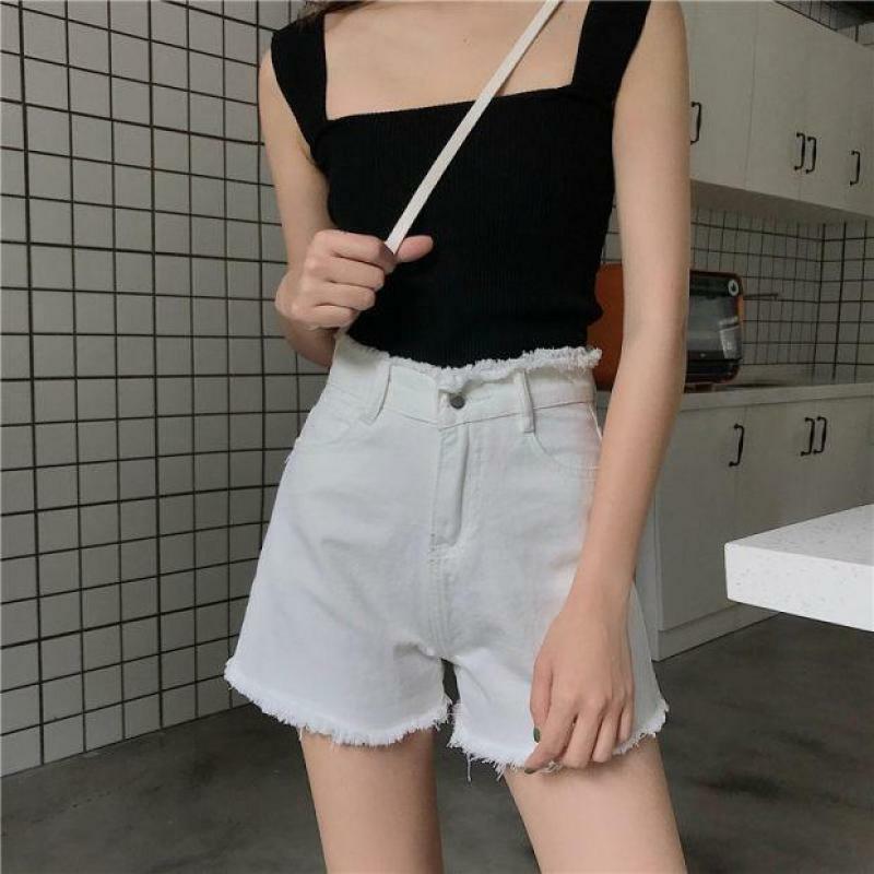 Celana pendek Denim rumbai wanita, Bawahan jeans pinggang tinggi longgar ukuran besar kaki lebar versi Korea musim panas