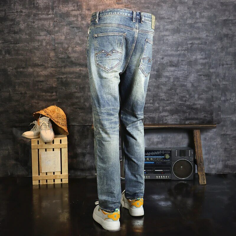 Jeans rasgado lavado retrô estilo italiano masculino, calça jeans de designer vintage, elástica, ajuste justo, alta qualidade, na moda