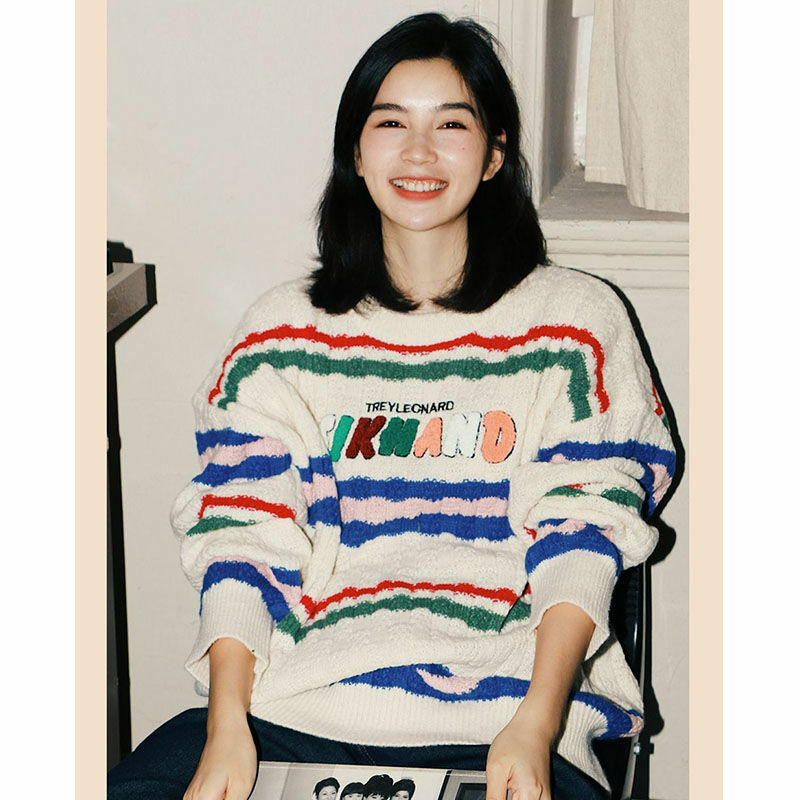 Sweter Sulaman Huruf Sweater Oblong Bergaris Vintage Jalan Wanita Pullover Sweter Kasual Longgar Baju Atasan Lengan Panjang