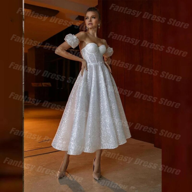 Weiß glänzende Pailletten von der Schulter A-Linie Ballkleid Schatz von hinten plissiert formelle Abendkleid für Frauen vestidos de noche