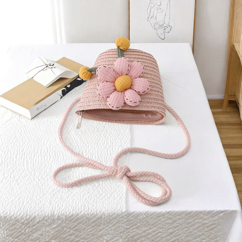 Children's Summer Clothing Two-piece Set  Flower-decorated Dome Fisherman's Hat And Hand-woven Crossbody Bag For Small Snacks
