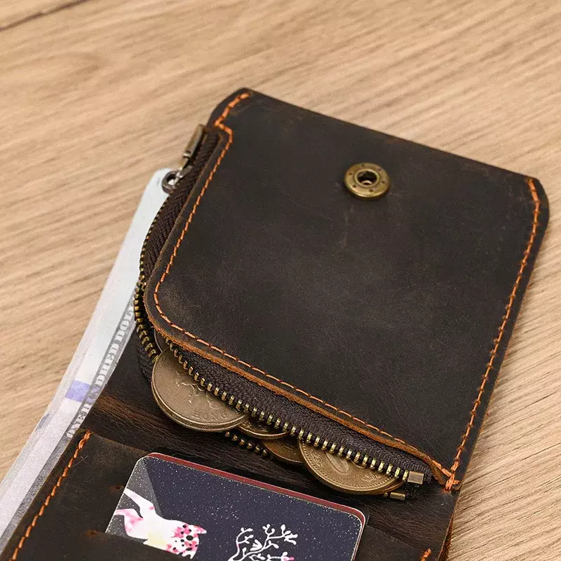 Vintage Leder kurze Brieftasche mit Reiß verschluss Münz tasche für Männer