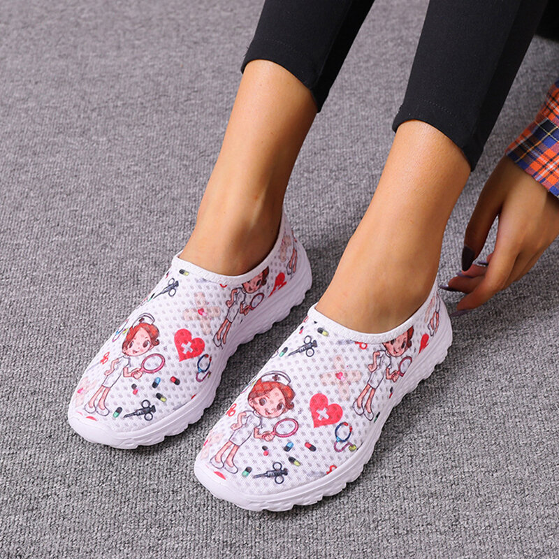 Sepatu Perawat Rimocy Sneakers Bersirkulasi Cetak Wanita Sepatu Olahraga Kasual Sol Lembut Wanita Tanpa Selip Lampu Slip-On