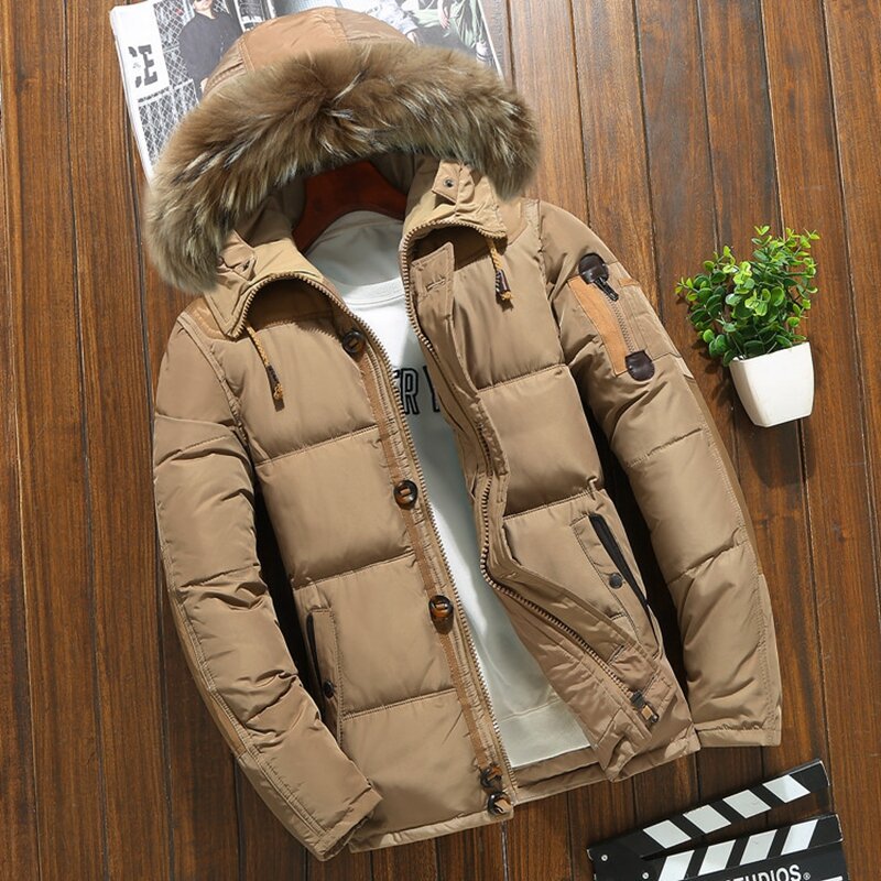Zimowy duża, futrzana kaptur kurtki z puchu kaczego mężczyzn ciepłe wysokiej jakości puchowe płaszcze męskie na co dzień zimowe kurtka pikowana