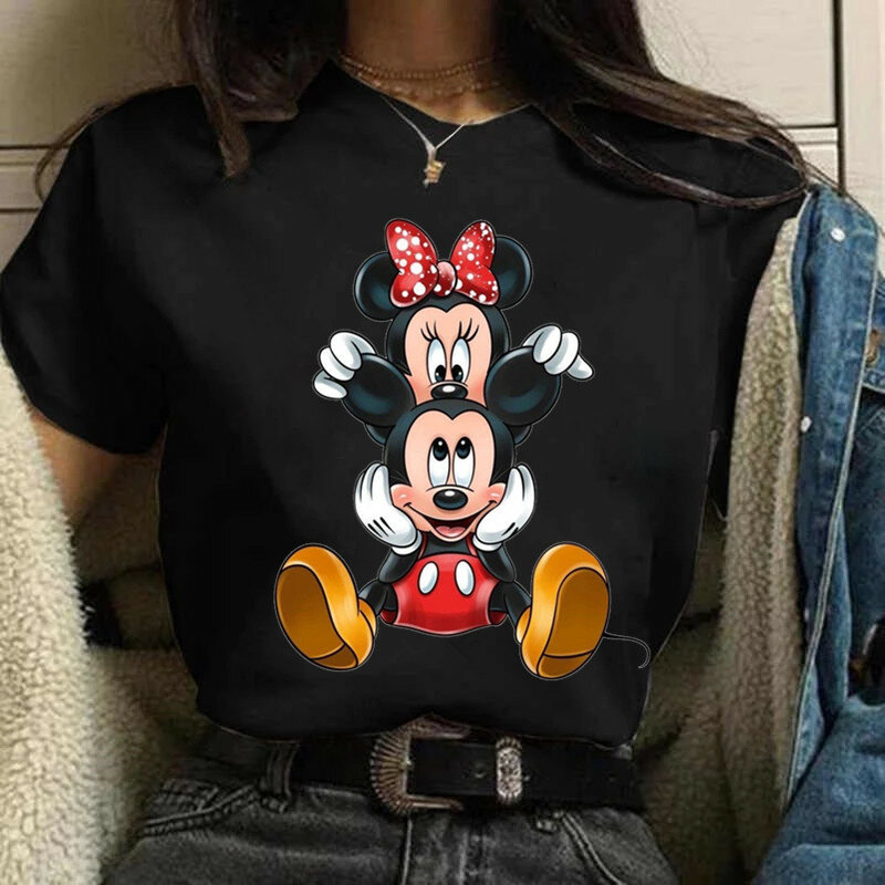 Camiseta de Disney de Mickey y Minnie Mouse para mujer, Tops de manga corta, camisetas Kawaii informales, ropa de verano