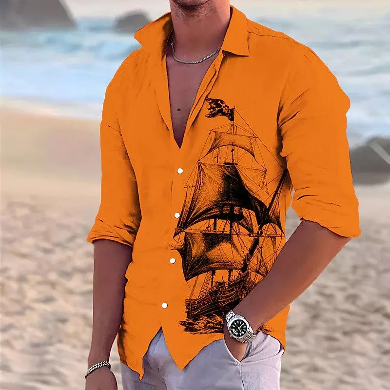 Corsair manga comprida simples cor sólida camisa lazer masculino, top macio aconchegante, lapela de vela ao ar livre, nova moda, plus size, Corsair