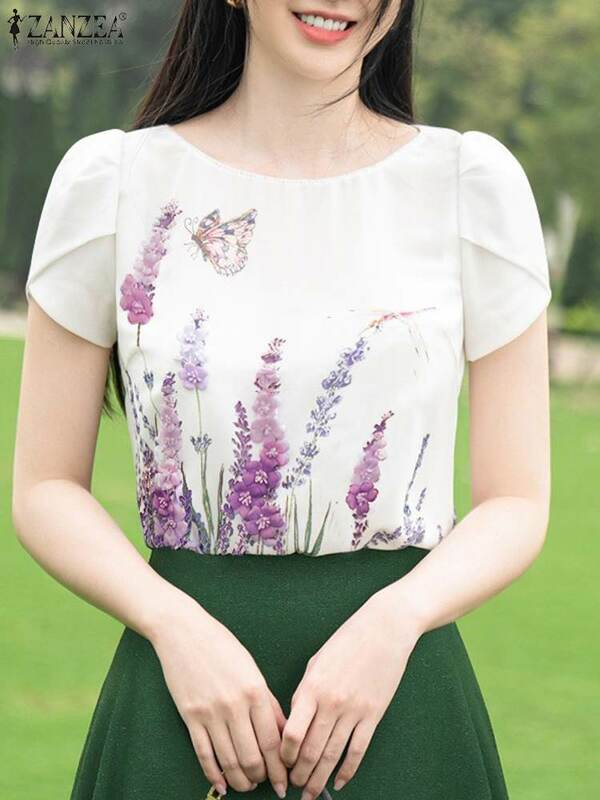 Летняя Блузка ZANZEA 2024 с цветочным принтом, Корейская женская футболка с коротким рукавом с буфами, модная Праздничная туника с круглым вырезом, повседневные свободные топы