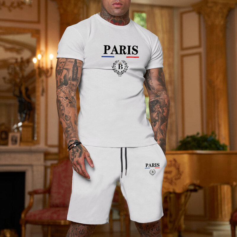 2024 New Summer Short sleeved Set Top T-shirt+Shorts 2-piece Set Trendy Brand Fashion Fitness Men's Sports Set Street Clothing