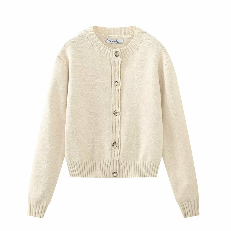 Women 2023 New Fashion Wool blend Cropped Ribbed O Neck Knitted Coat Vintage Long Sleeve Button-up Female Outerwear Chic Tops