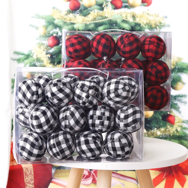 Natal xadrez tecido bolas, enfeites de árvore Xmas, pendurado árvore pingentes, Noel, 24 pcs, 2024 pcs