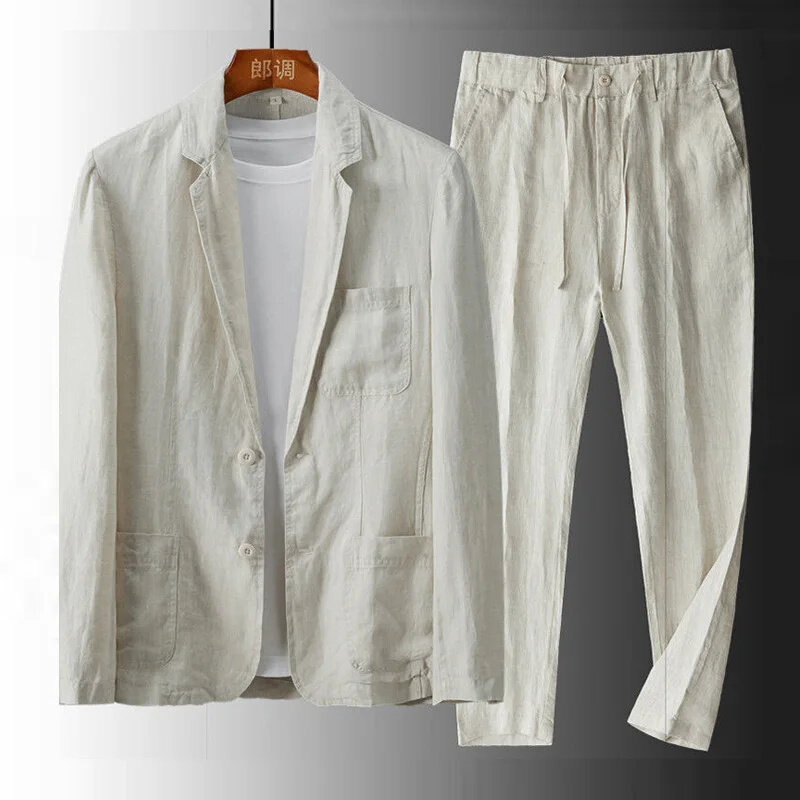 Traje de lino y algodón para hombre, chaqueta informal Formal, esmoquin de graduación, Blazer estampado, 2 piezas, blanco y negro
