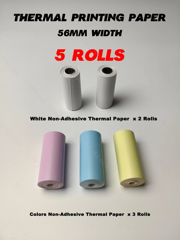 Mini impresora de papel térmico autoadhesiva, pegatina de etiquetas de colores, inalámbrica, sin tinta, 57mm, 5 rollos