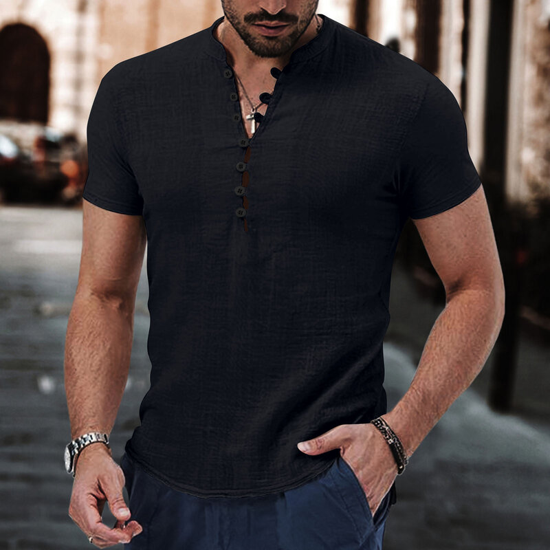 Camisa informal de algodón y lino para hombre, camisa de manga corta sin cuello, de un solo pecho, color sólido, novedad de verano
