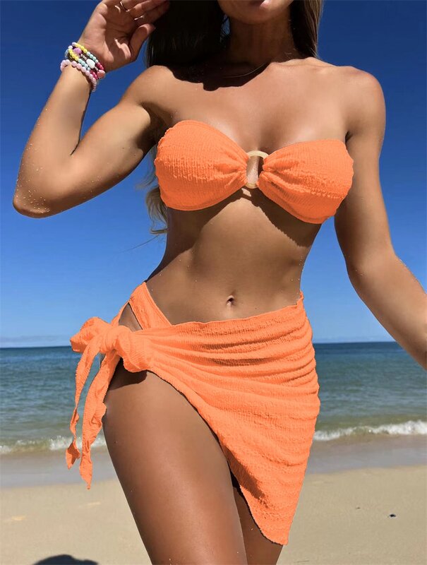 Costume da bagno Bikini da donna arancione 3 pezzi Top + intimo + Mini abito corto da ballo Summer Party Beach Holiday gonna Hot Girl Streetwear