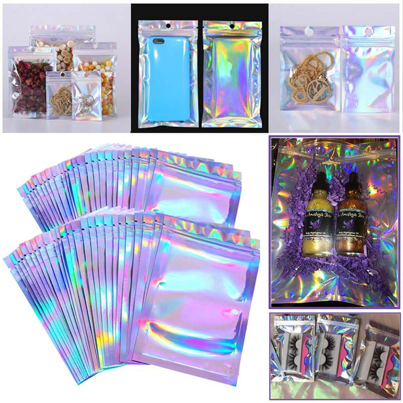 Lot de 10 sacs holographiques à fermeture éclair, paquet de cils en vrac, Laser, sac à fermeture éclair, rangement de collier, autocollant personnalisé, vente en gros, emballage cadeau