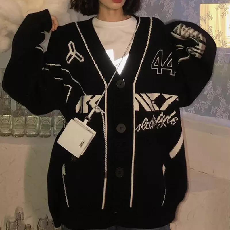 Cárdigan de punto grueso con cuello en V para mujer, suéter estético con patrón Jacquard, estilo coreano, otoño e invierno, 2021