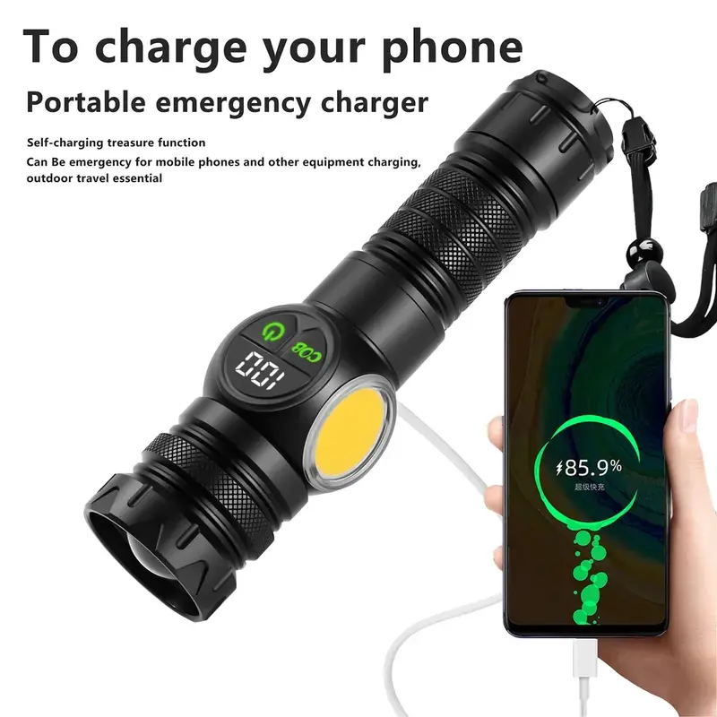 USB Rechargeable LED Flashlight Alloy Torch with Screen Digital Display Tail Magnet COB Side Light Long Distance Flashlight