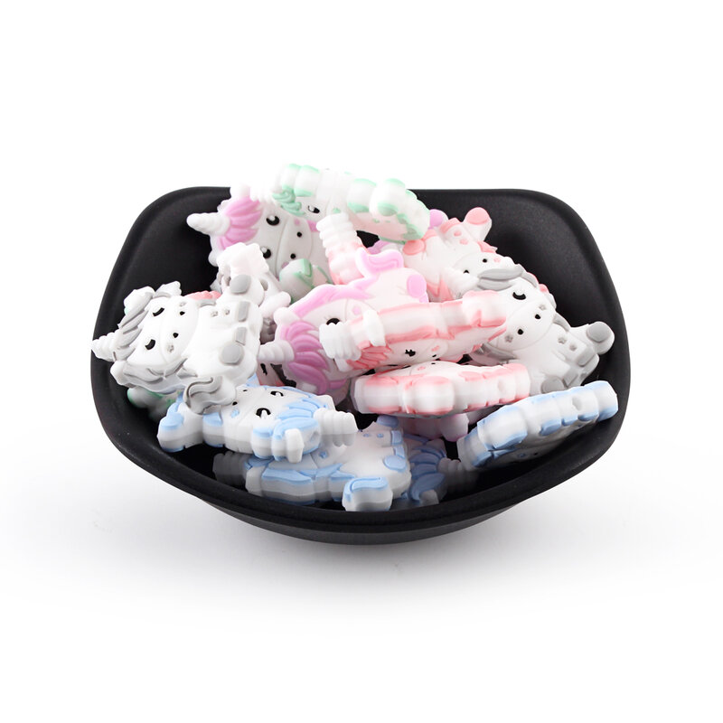 32*24mm 10 sztuk/partia Cartoon jednorożec silikonowe koraliki dla ząbkującego dziecka zabawki dla łańcuszek smoczka trzonowce akcesoria bezpieczne pielęgnacja jamy ustnej BPA darmo