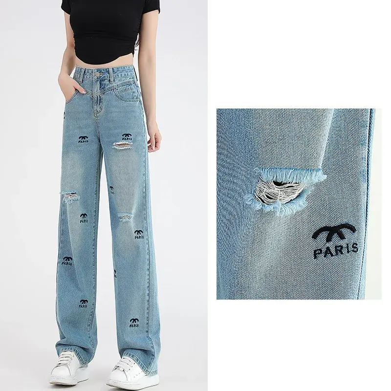 Celana Jeans panjang kasual wanita Korea, celana Denim lurus kaki lebar warna Solid biru muda 2024
