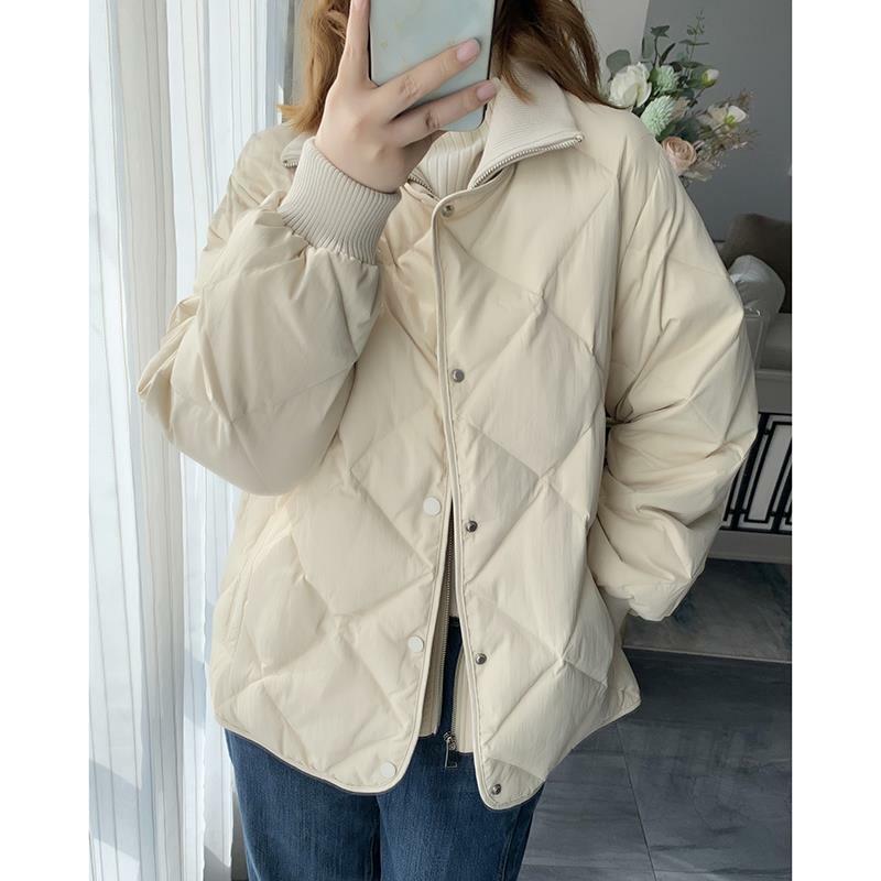 Jaqueta feminina de gola alta acolchoada, botão de zíper, casacos brancos de pato, casaco leve coreano, casacos quentes de inverno, novo