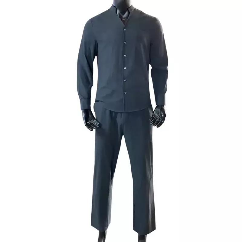Terno esportivo respirável de linho masculino, camisa e calças de manga comprida, gola alta, monocromático, simples, casual, fashion, conjunto de 2 peças