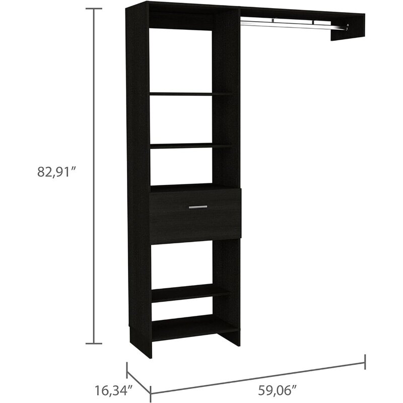 Hybrid 150 Closet System with 5 Open Shelves, 1 Drawer, and Metal Rod