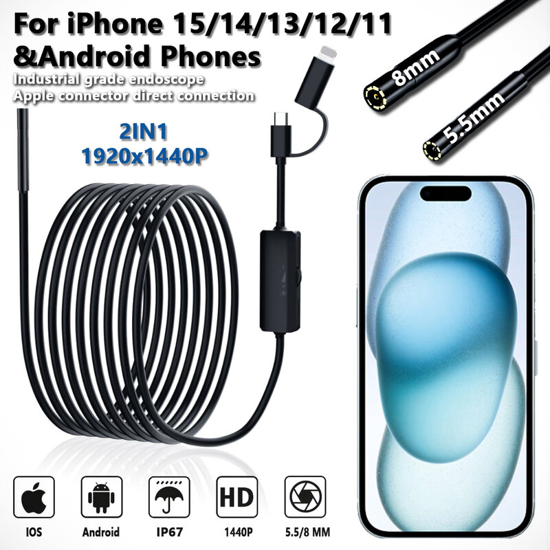 5.5/8mm Endoscope For Android Iphone&IOS Smartphone Car Pipe Automotive Boroscope Sewer Inspection Tools Endoscopy Camera Device