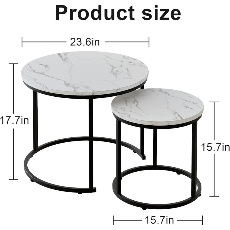 Tavolino da caffè rotondo nidificante Set di 2 tavolini per soggiorno, tavolini da caffè in acciaio con accento in finto marmo bianco