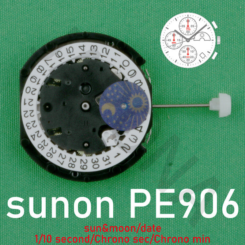 Механизм PE906 sunon PE90, кварцевый механизм, три стрелки, 4 глаза и дата, маленький хронограф, секунда, минута, солнце и луна, 1/10 секунды