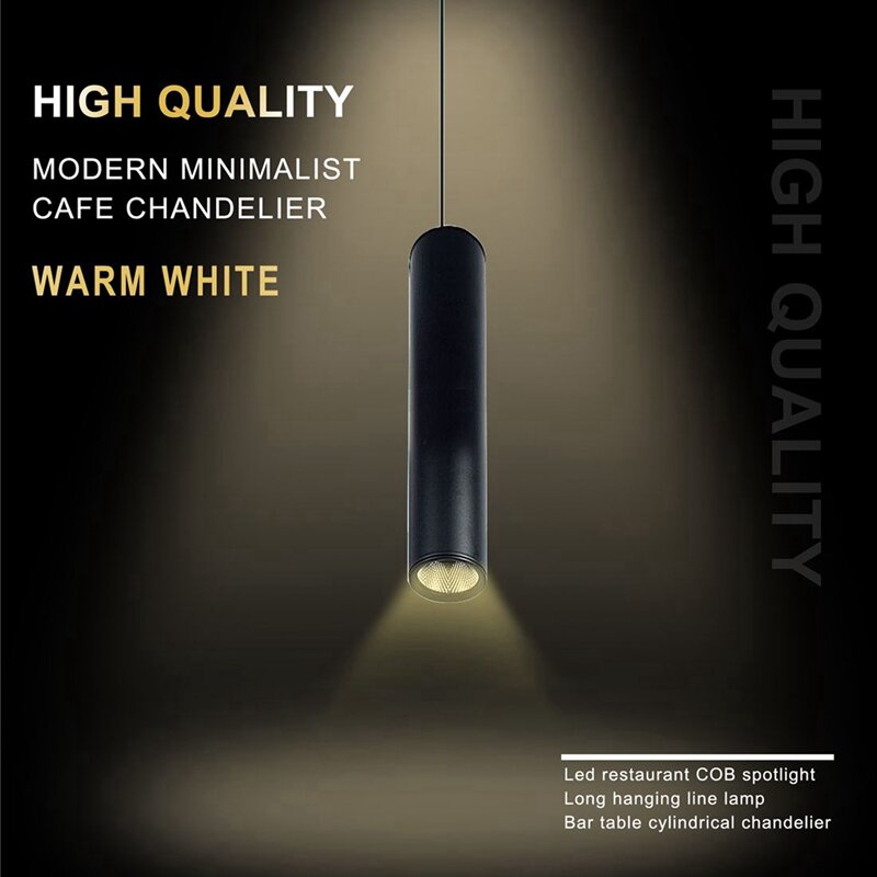 Lustres pretos minimalistas do café, alta qualidade, LED branco morno moderno, projetores do COB, lâmpada do tubo longo, lâmpada cilíndrica, 3X