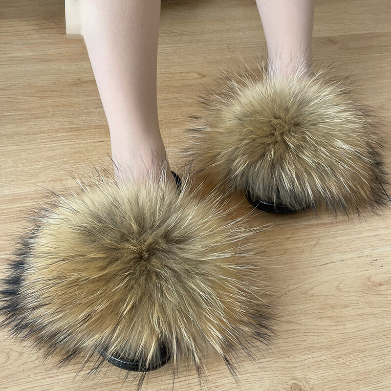 Real Fox Fur Slippers Women Fur Slides Indoor House Woman Flip Flops Beach Shoes Summer Woman Sandals PVC Sole
