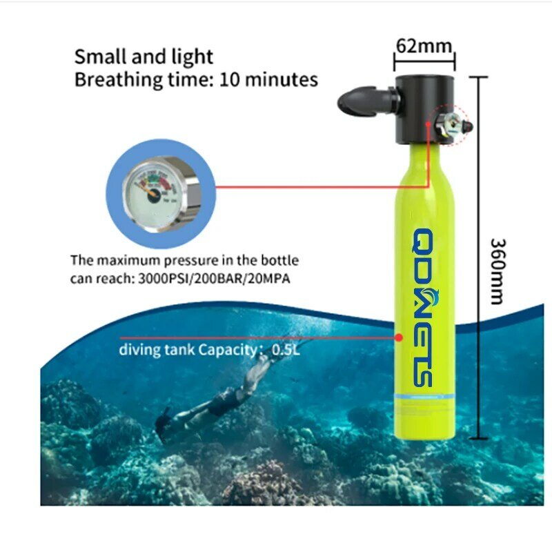 QDWETS Мини-резервуар для подводного плавания, цилиндр для подводного исследования, экстренное спасение, мини-резервуар для дайвинга, многоразовая бутылка для подводного плавания с пони