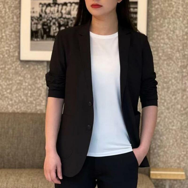 Women Coat Formal Business Style Solid Color Long Sleeve Mid Length Button Closure Pockets Loose OL Commute Suit Coat outerwears