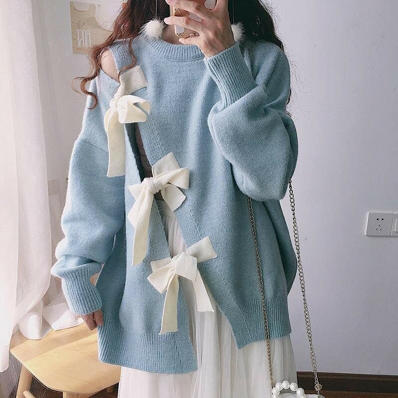 YUQI Vintage Kawaii Knitted Sweater T-shirt Japanese Long Sleeve Y2K Hollow Out Bow Tie Tops Loose Pullovers Fashion Streetwear