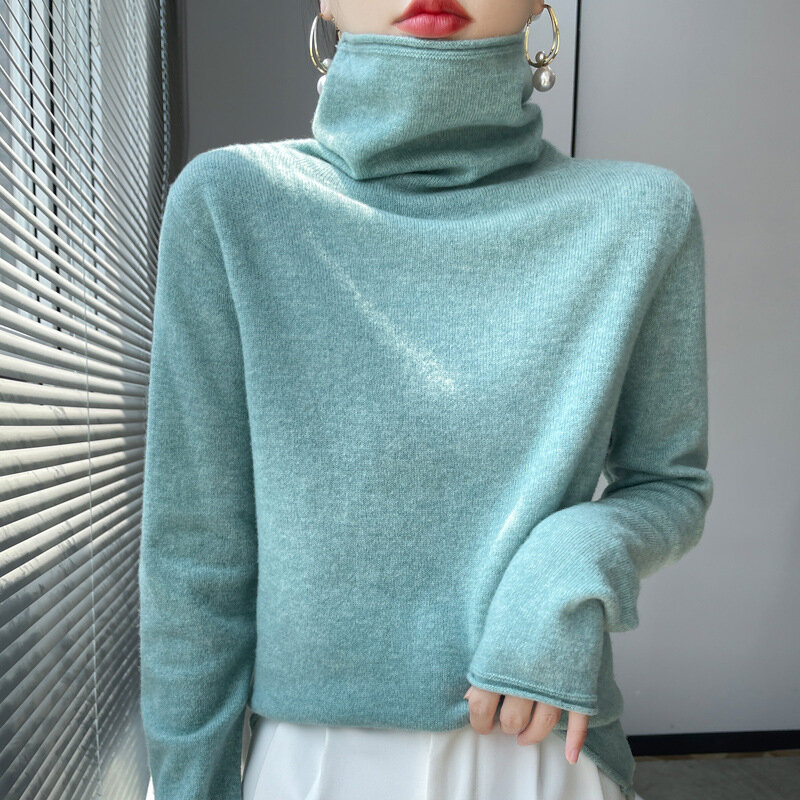 Suéteres de Cachemira para Mujer, camisa de punto con cuello de pila de lana pura, jerséis sueltos de cuello alto, jerséis de invierno 100%