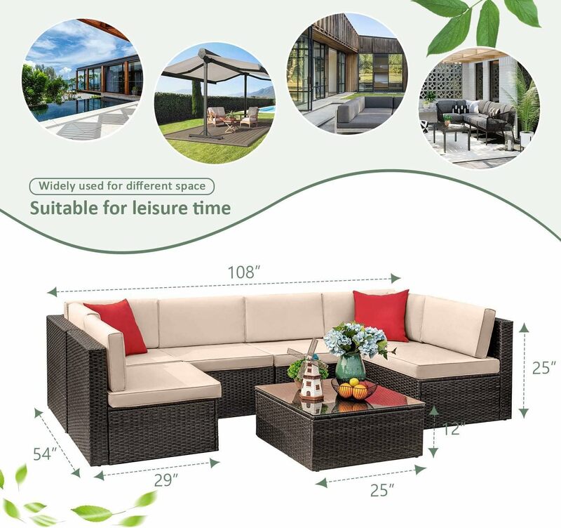 Set di mobili da giardino per divani componibili da esterno da 7 pezzi intrecciati manuali con cuscino e tavolo in vetro (Beige)