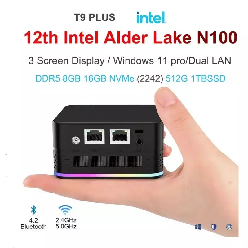 كمبيوتر صغير T9 إنتل ألدر ليك N100 ، 16 جيجابايت DDR5 ، من من نوع GB ، Windows 11 Pro ، كمبيوتر جيب رباعي النواة ، شبكة LAN مزدوجة ، ثلاثة HDMI ، كمبيوتر مكتبي