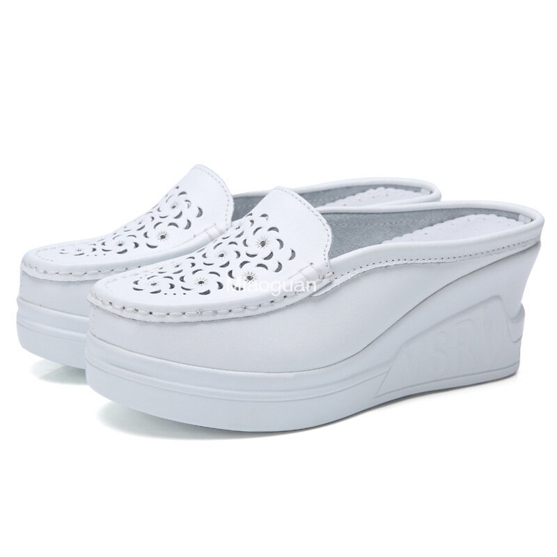 Summer Women Platform Slipper Flats Breathable PU Leather Casual Shoes Slip-on Comfortable Nurses Shoes Wedges Sandals Outside