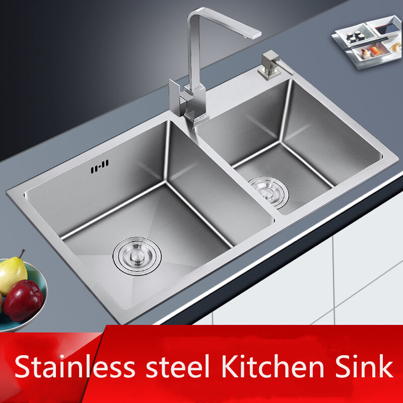 Above Counter Kitchen Sink Rectangular Kitchen Sink Double Bowl 304 Stainless Steel Brushed Farmhouse Sink with Drainer