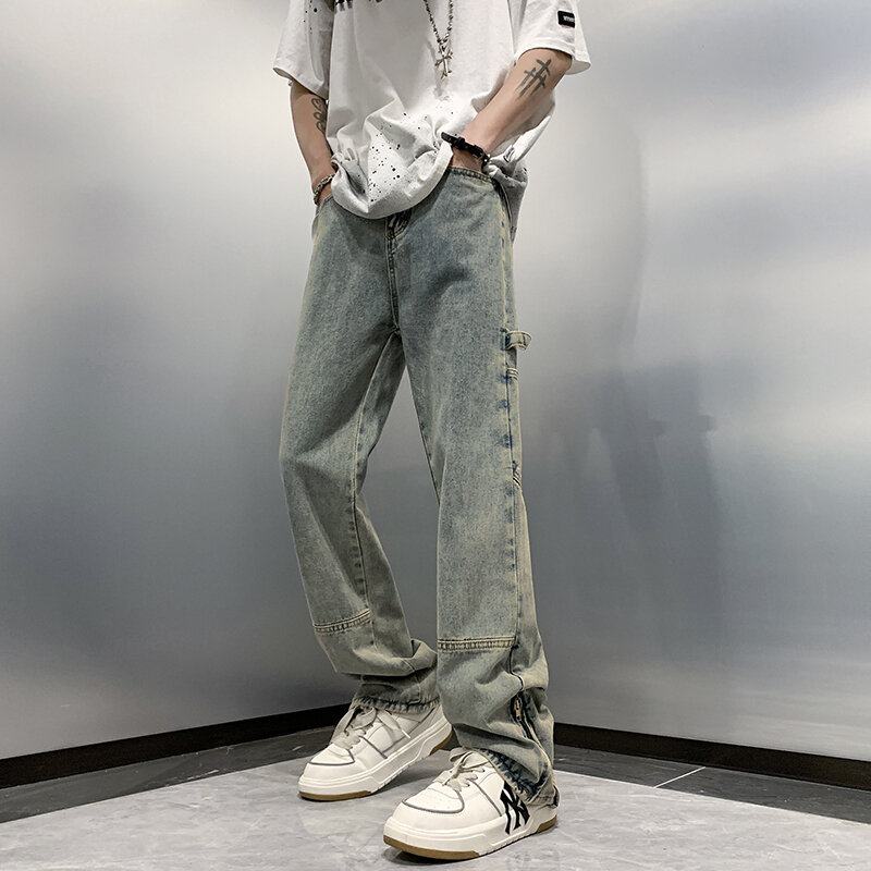 Jeans rachado retrô masculino solto até o chão, calça de primavera e outono, design americano, moda, inverno