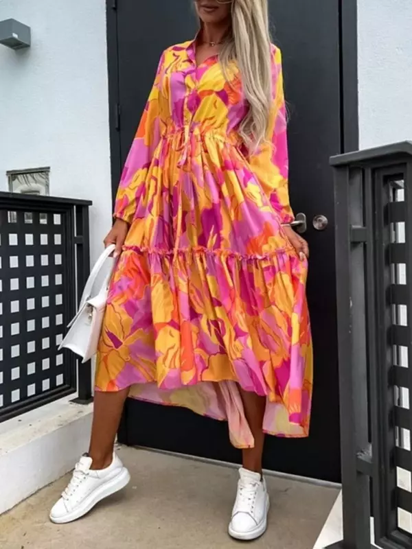 Frauen elegantes Straßen kleid schlank o Hals Langarm eine Linie Kleid Damenmode bedrucktes Muster langes Kleid Maxi Sommerkleid vertuschen
