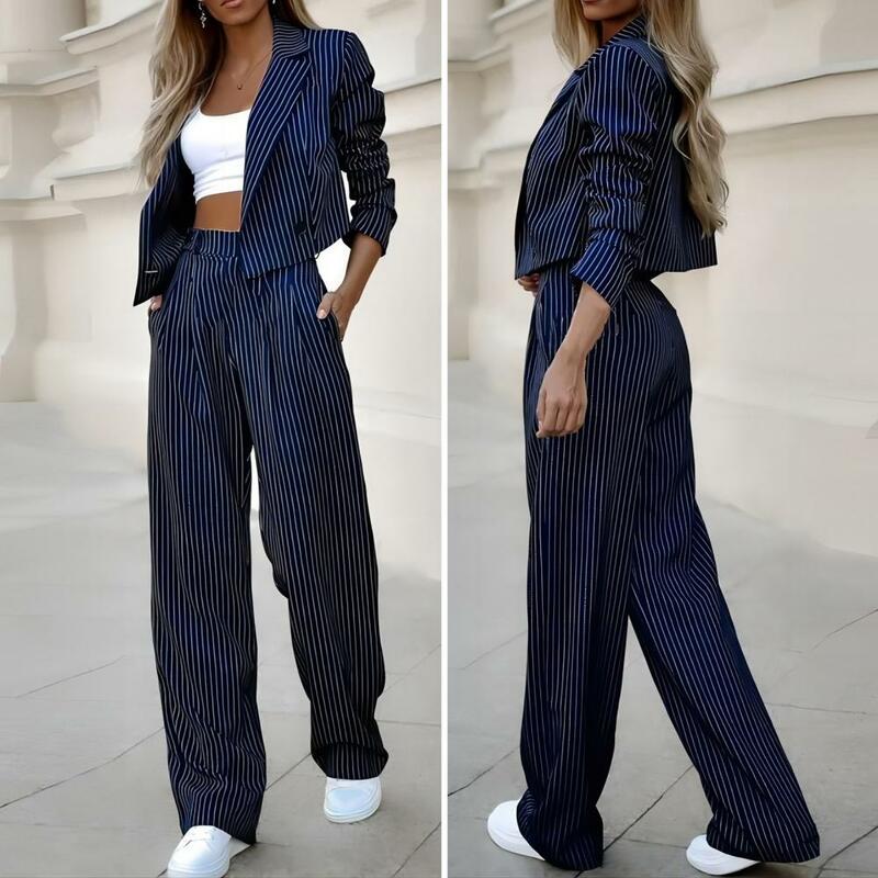 Women Two Piece Suit Formal Hacket Shorts Set Elegant Women's Business Suit Set with Striped Wide Leg Pants Turn-down for Office