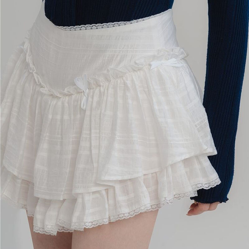 Deeptown Fairycore White Ruffle Mini Skirt Women Lace Elegant Coquette Short Skirt Layered Sweet Kawaii Mesh Korean Style Skirt