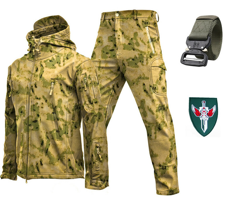 Мужская тактическая куртка с поясом в подарок, походная одежда из мягкой ракушки, ветровка, водонепроницаемая летная куртка с капюшоном, военный флисовый полевой костюм