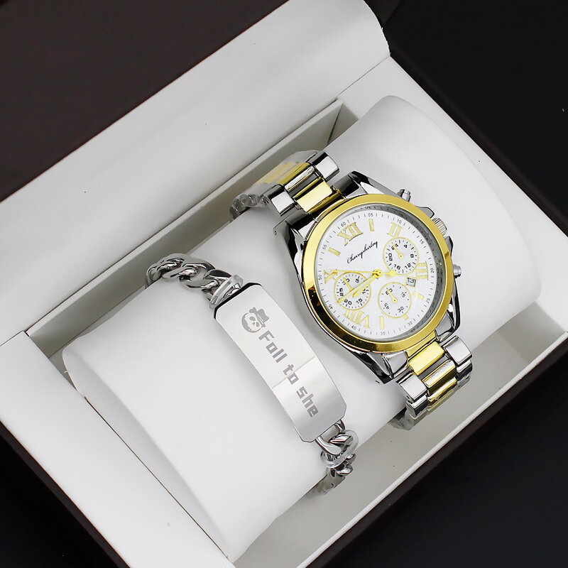 커플 시계 세트 남성용 쿼츠 스틸 시계, 연인용 럭셔리 손목 시계, Relogio Feminino, 팔찌 목걸이 선물, 4 개