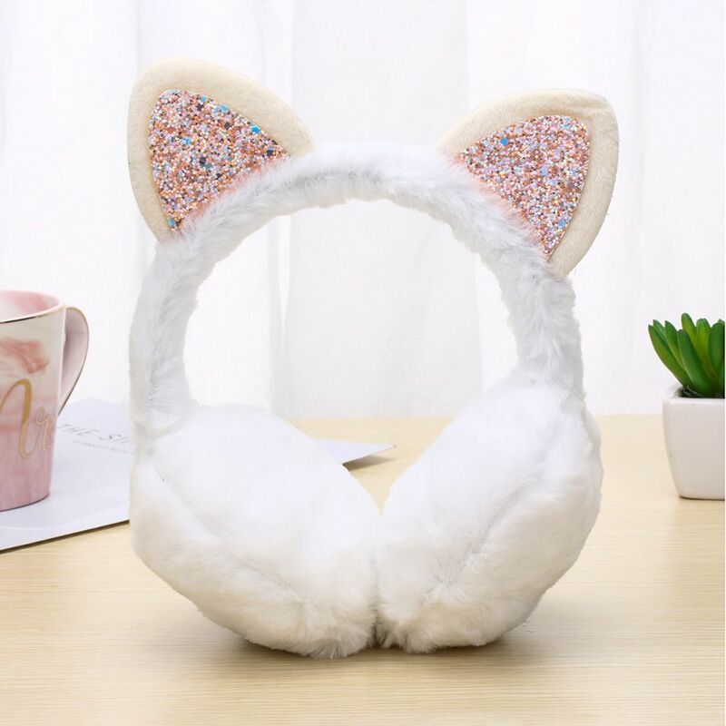 แมวหู Muffs อุ่นแบบพับลายการ์ตูน Glitter เลื่อม Soft Plush Warm Headband Earmuffs ที่ครอบหู Earflaps
