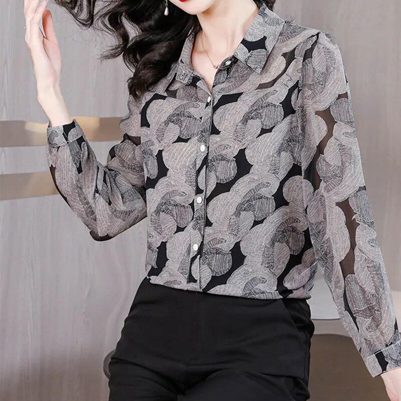 2024 Nowy letni koreański styl Retro Elegancka moda Casual Office Lady Koszula damska Nieregularny guzik V Szyja Długi rękaw Y2K Tops