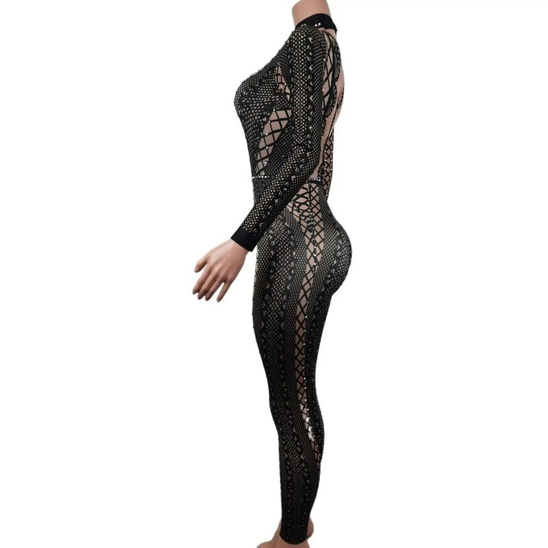 Женский сексуальный черный комбинезон с принтом, боди со сверкающими кристаллами, праздничный сценический костюм, одежда для ночного клуба, дня рождения, платья Lianti